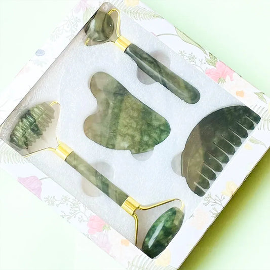 Gua Sha & Jade Roller Set. Natürliche Gesichtsmassage für Strahlende Haut.